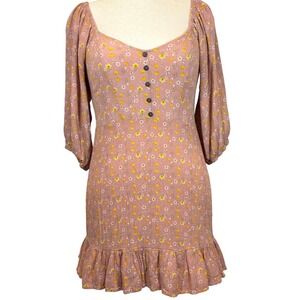 Floral Mini Dress Medium Dusty Rose Puff Sleeves Smocked Back Ruffle Hem Boho